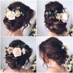 four pictures of the same woman's hair with flowers in her hair and two different hairstyles