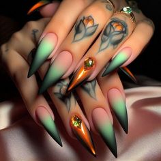 Extensive Nail Art, Classy Halloween Nail Designs, Fabulous Nails Classy, Nail Bling Designs, Elven Nails, Stiletto Fall Nails, Luxury Nails Glamour, Fall Stilleto Nails, Stiletto Birthday Nails