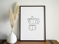 a black and white drawing of a coffee pot on a shelf next to a vase