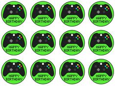 happy birthday cupcake toppers with video game controllers in green and black, set of 12