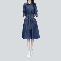 Elevate your style with our classic shape and flare jeans dress from our 2023 Autumn Collection! Classic and stylish. this elegant piece is the perfect addition to any wardrobe.Why You'll Love ItThis proven denim dress is crafted with a medium wash. giving it a unique and eye-catching look. The shape and flare silhouette is textured to hug your curves in all the right places. while the breathable fabric ensures you stay casual while looking chic.Key Highlights: Classic Fit: The classic silhouett Cotton Non-stretch Solid Color Midi Dress, Mid-length Dress With Pockets, Fitted Denim Blue Belted Dress, Non-stretch Denim Dress With Pockets, Casual Solid Color Denim Dress, Blue Denim A-line Dress, Solid Color Denim Dress For Summer, Belted Midi Denim Dress In Medium Wash, Belted Denim Knee-length Dress