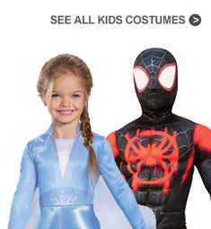 two children's spiderman costumes are shown in front of the caption, see all kids costumes