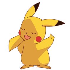 a cartoon pikachu with its eyes closed and hands in the air, smiling