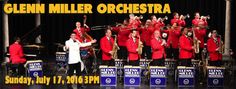 a group of men in red jackets and ties playing instruments on stage with an advertisement for glenn miller orchestra