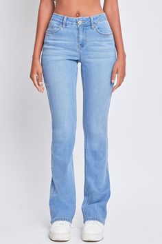 Fitted Light Wash Flare Jeans, Stretch Denim Blue Straight Leg Flares, Denim Blue Stretch Straight Leg Flares, Light Wash Fitted Flare Jeans, Trendy Stretch Flare Jeans With Standard Leg, Light Wash Fitted Straight Leg Flares, Stretch Flare Jeans In Medium Wash, Mid-rise Stretch Denim Flares, Fitted Light Wash Straight Leg Flares