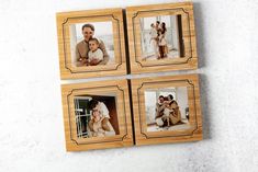 four wooden frames with photos of people and dogs on them