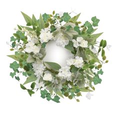 a wreath with white flowers and green leaves