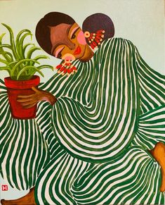 a painting of a woman holding a potted plant