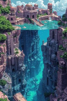 an underwater view of a city surrounded by trees and rocks, with blue water below