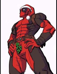 a drawing of a deadpool with his hands on his hips and wearing a santa hat