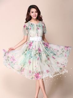 Chiffon Green Pink Flower Short Sleeve Knee Skirt Party Dress Evening Wedding Lightweight Sundress Summer Holiday Beach Dress Bridesmaid Dress Skirt Detail Info: ❤ Color: as picture, flower J More color choice: https://www.etsy.com/listing/213656440/chiffon-dress-color-card? Please note the color you want with your order. ❤ Material: Chiffon ❤The dress doesn't limit the chest size and waitst size, arm hole 45cm (if your upper arm circle circumference is more than 40cm, please not your size with Summer Bridesmaid Dress, Fanfic Outfits, Slavic Style, Summer Bridesmaids, Summer Bridesmaid Dresses, Beach Holiday Dresses, Colors Dress, Sundress Summer, Knee Skirt