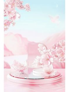 a plate with flowers on it sitting next to a pink wall and blue sky in the background