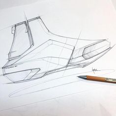 a pencil drawing of a futuristic vehicle on top of a sheet of paper with a pen