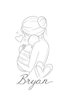 a drawing of a woman holding a baby in her arms with hearts flying around it