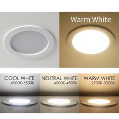 three different types of recess lights with white and warm lighting on the bottom, black and white