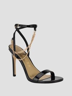 Faux patient leather heels Strappy chain-link design with Quattro G charm Round toe Stiletto heel Ankle strap with adjustable closure Material: Synthetic Black Strap Heels, Shoes Heels Wedges, Black Sandals Heels, Delicate Chain, Heels & Wedges, High Heels Stilettos, Heel Sandals, Strap Heels, High Heel Sandals