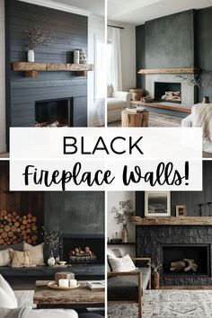 black fireplace walls in different styles and colors with text overlay that reads, black fireplace walls