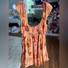 Originally $58 Brand New With Tags, Never Worn Sundress Bohemian Yellow Sleeveless Mini Dress, Flowy Sleeveless Orange Mini Dress, Bohemian Sleeveless Mini Dress For Daytime, Flowy Mini Length Summer Tops, Casual Orange Rayon Dress, Yellow Bohemian Flowy Mini Dress, Yellow Flowy Bohemian Mini Dress, Flowy Yellow Bohemian Mini Dress, Summer Yellow Rayon Dress