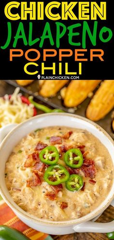 chicken jalapeno popper chili in a white bowl