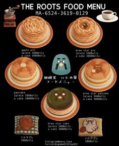 an advertisement for the root's food menu shows different types of cakes and pastries