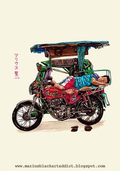 a drawing of a man laying on top of a motorcycle with a cart attached to it