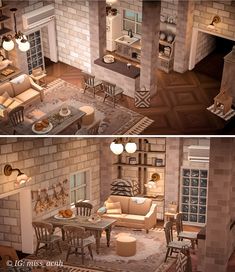 two views of a living room and dining area in a doll house with brick walls