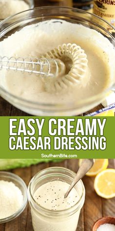 an easy creamy caesar dressing recipe in a glass bowl with lemons and other ingredients around it