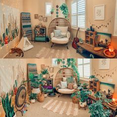 two pictures of a living room with plants and decorations on the walls, one in a birdcage