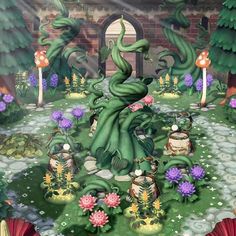 an animated garden with lots of plants and flowers