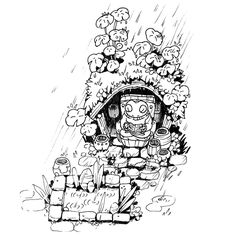 a black and white drawing of a cartoon character sitting in the rain with an umbrella over his head