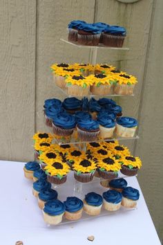 cupcakes and sunflowers are arranged on a tiered cake stand with blue frosting