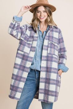 Long Plaid Shacket - Ivory/Purple Flannel Shacket, Comfy Jackets, Plaid Shirt Women, Black And White Flannel, Plaid Shacket, White Flannel, Pocket Cardigan, Purple Plaid, Plaid Blouse