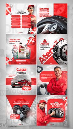 an advertisement for a car repair shop, with red and white graphics on the side