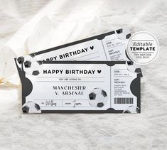 two black and white soccer ticket style birthday cards with the words happy birthday written on them