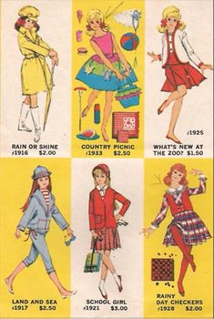 an advertisement for children's clothing from the 1950's, including dresses and skirts