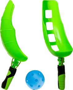 two green and blue plastic objects next to each other