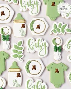 baby shower cookies decorated with green and white icing