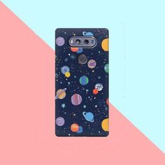 an image of a phone case with planets and stars in the sky on a pink and blue background