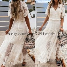 New Boho Lace Short Sleeve Maxi Dress. Poly Spandex. Length 56aprox. Boho Gypsy Western Hippie Coastal Farmhouse French Vintage Renaissance Victorian Beach Lace Shabby Chic Rustic Preppy Tropical Spell Anthropologie Coachella Festival Love And Lemons Free People Faux Fur Closet Details Please Read No Low Offers Shipping 2-4 Days No Exchange Per Posh Bx68mxlbx110xlbx116ml Country Wedding Outfit, Fur Closet, Boho Bridesmaids, Striped Beach Dress, Preppy Tropical, Country Style Wedding Dresses, Country Bridesmaid Dresses, Girls Boutique Dresses, White Lace Maxi Dress