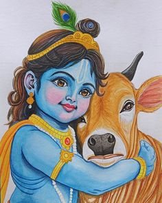 a drawing of a girl hugging a cow