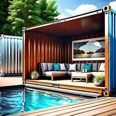 a painting of a shipping container next to a swimming pool with couches and tables