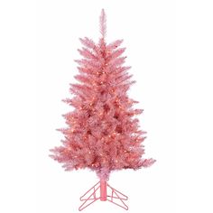 a pink artificial christmas tree with lights on it's top and branches in the middle