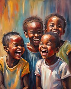 three black children laughing together in front of a colorful background, with one child looking up at the camera