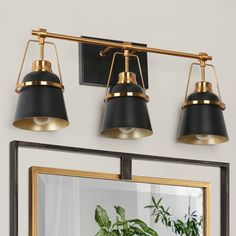 three lights are hanging on the wall above a mirror with a potted plant in it