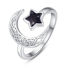 PRICES MAY VARY. 【Moon and Star Ring】 Star ring are embellished with blue sandstone, the ring reflects the light of color in the sun. Make you full of charm and elegance. The stars represent hope and good luck, the moon represents companionship. Moon star ring is the best gift for friends and lovers. 【Adjustable Rings】 Star moon rings size is 8#, can be adjusted slightly (7# - 9#). Weight: 2.65g. 【Material】 Moon ring was Made by hypoallergenic 925 sterling silver, sterling silver star ring with Rings Star, Moon Rings, Star Rings, Galaxy Ring, Moon And Star Ring, Blue Sandstone, Celtic Knot Ring, Gold Sun, Moon Ring