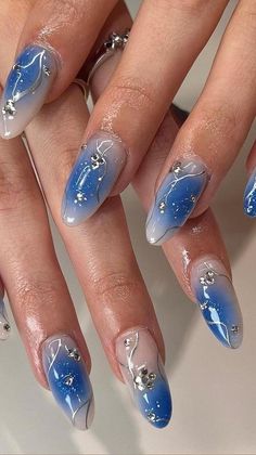 French Manicure Long Nails, Blue Ombre Nails, Aura Nails, Her Nails, Pretty Gel Nails, Blue Nail, Jelly Nails, Nagel Inspo