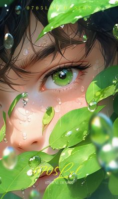 a girl with green eyes surrounded by leaves