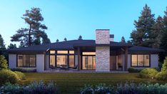 this is an artist's rendering of a modern house in the evening with lights on