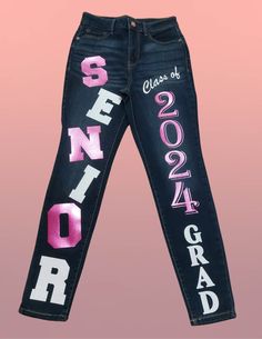 If you would like to add name, make sure the name is spelled correctly. Measure your waist and inbox me your measurements after ordering. Thank you. Graduation Pants, Senior Jeans Ideas High Schools, Senior Pants Ideas, Senior Pants High Schools, Homecoming Overalls, College Jeans