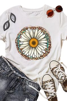 White Daisy Leopard Graphic Print Short Sleeve T Shirt Summer Casual T-shirt With Sunflower Print, Summer Sunflower Print Crew Neck Top, Spring White Tops With Graphic Print, White Graphic Print T-shirt For Spring, White Letter Print T-shirt For Spring, White Summer Top With Sunflower Print, Crew Neck Cotton Tops With Sunflower Print, Cotton Sunflower Print Crew Neck Tops, White Sunflower Print Top For Spring